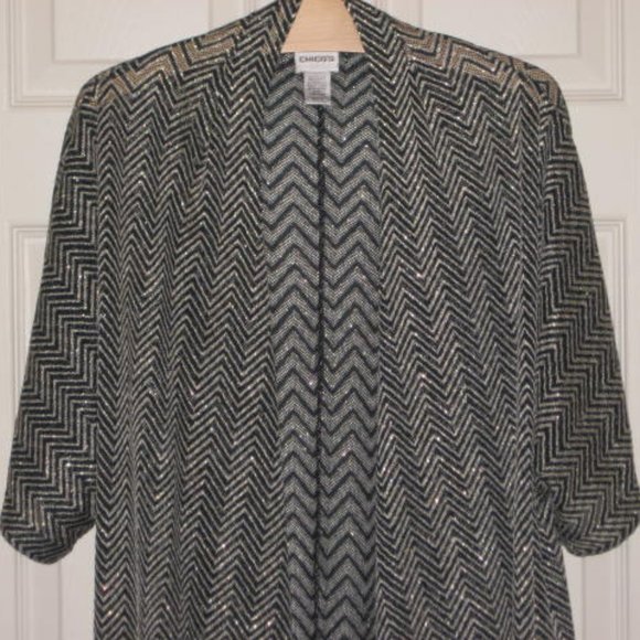 Chicos Size 2 L Open Cardigan Ruana Wrap Sweater Black Gold Metallic Excellent - Picture 5 of 10